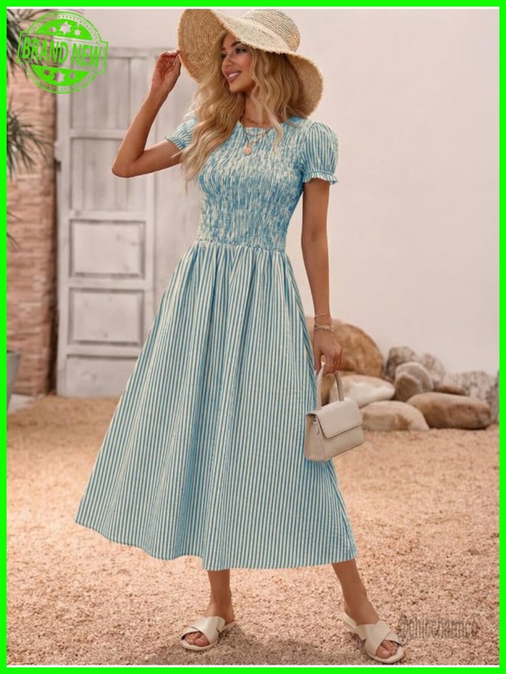 Women's Striped Smocked Midi Dress Puff Sleeve A-Line Boho - Picture 4 of 7
